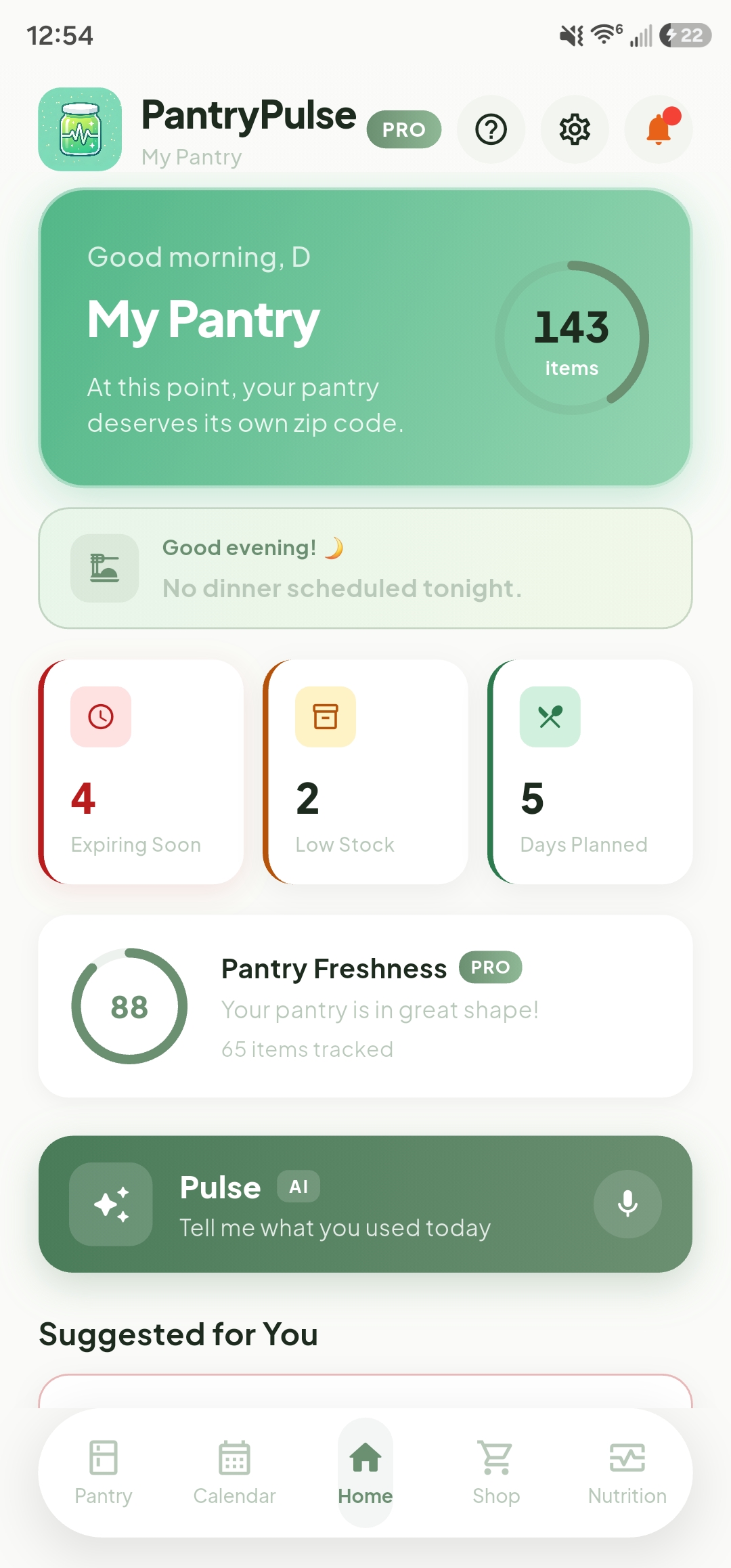 PantryPulse app home screen